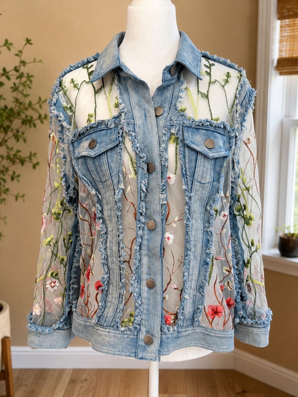 A.Z.I. Vintage Inspired Embroidered Sheer Mesh Denim Statement Jacket- Medium - Picture 4 of 10